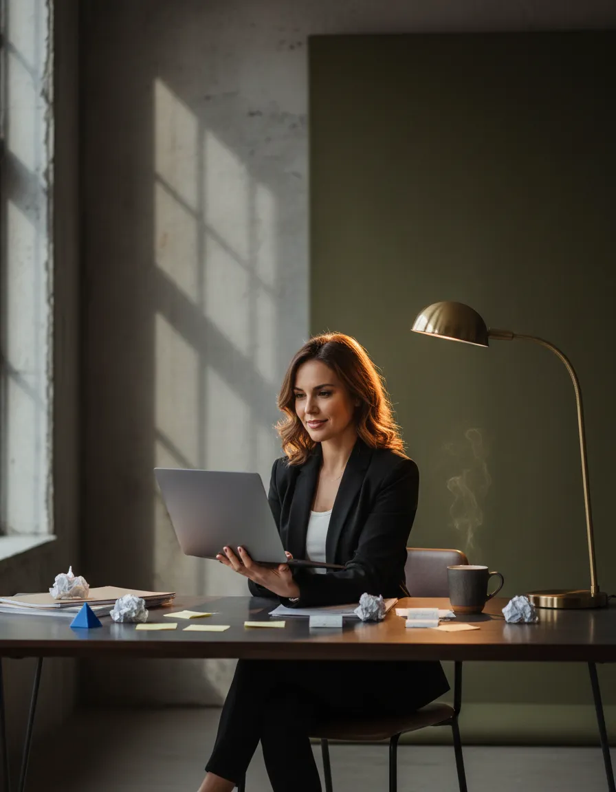 A female solopreneur working confidently at her desk, surrounded by notes and a laptop