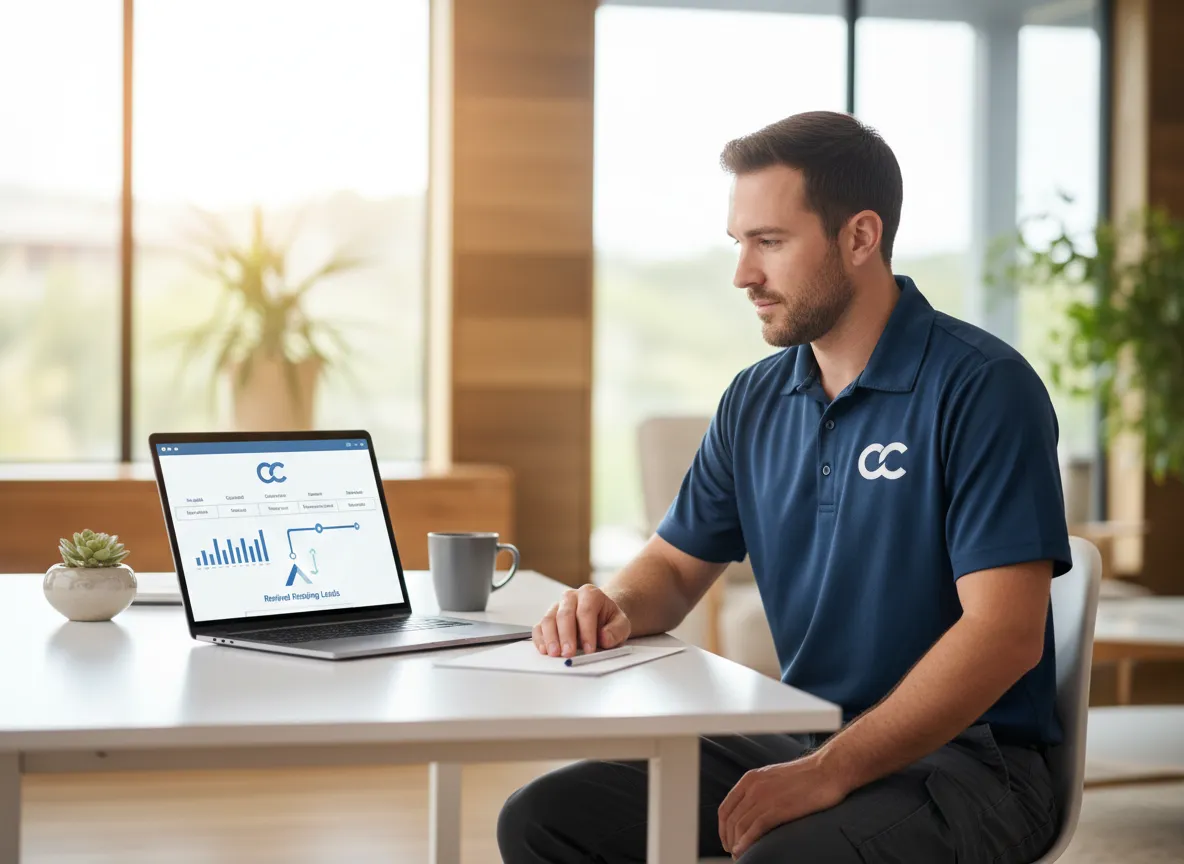 Roofing contractor reviewing reactivated leads on laptop