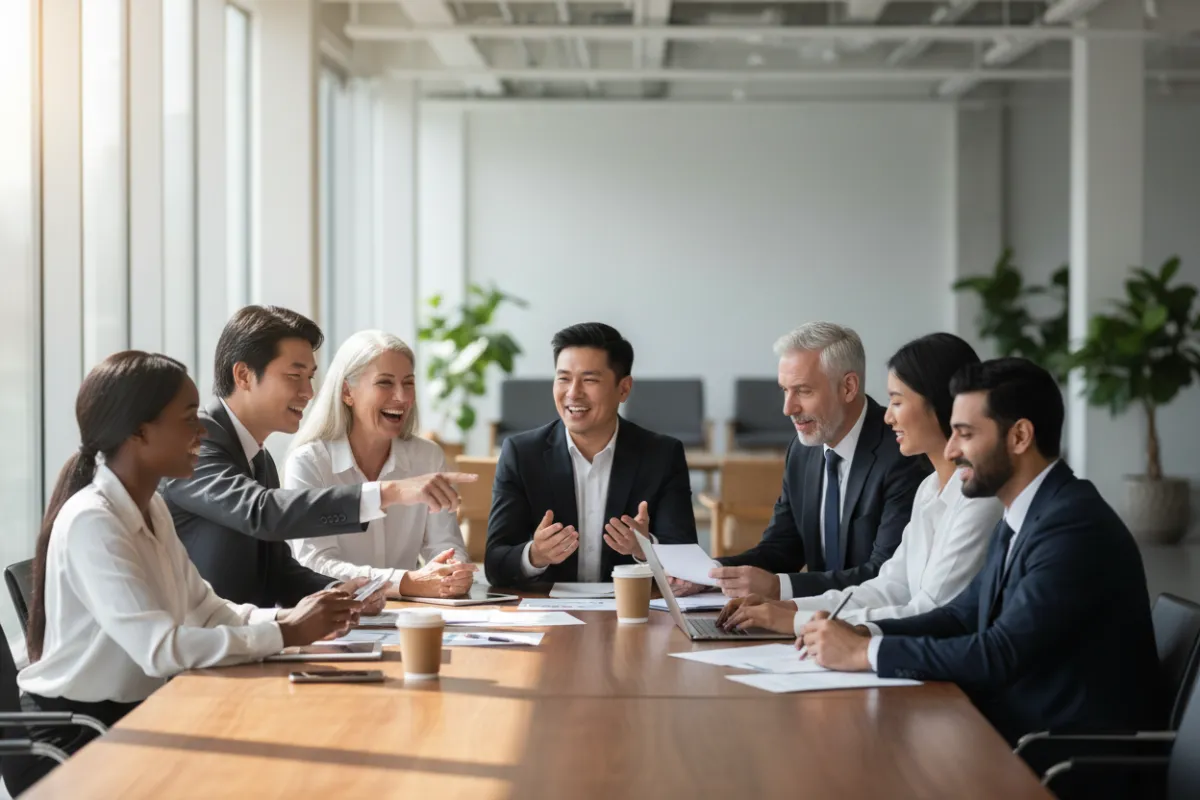 A diverse group of professionals in business attire, gathered around a table, collaborating with enthusiasm in a modern, sunlit office. The group includes men and women of various ages and backgrounds, all engaged and smiling, symbolizing leadership and teamwork.