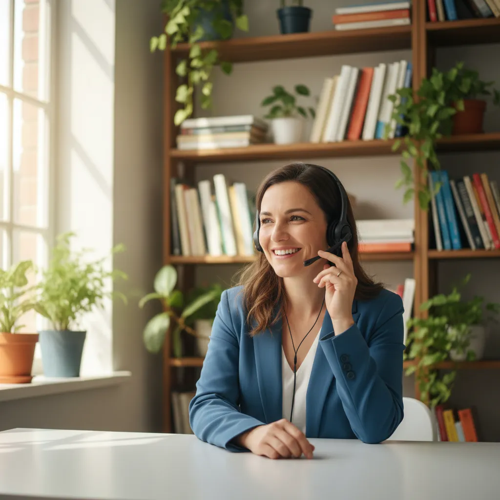 A friendly support team member, mid-30s, smiling and speaking on a headset in a bright workspace with plants and bookshelves. The environment feels approachable and professional, emphasizing accessibility and support for leadership program inquiries.