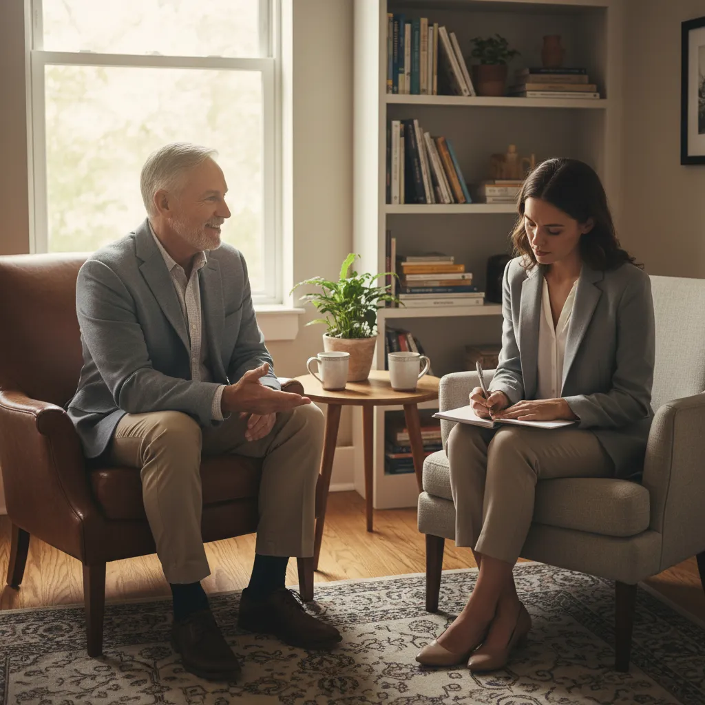 A one-on-one coaching session between a mentor and a young professional, both seated in comfortable chairs in a cozy, well-lit office. The mentor gestures supportively while the participant takes notes, highlighting a personalized leadership development moment.
