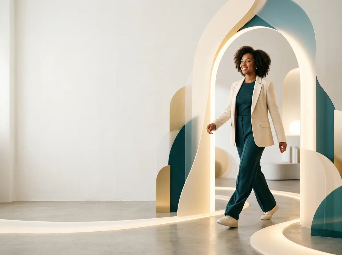 Modern hero image for Amazing Mindset: confident person stepping forward through abstract shapes in warm cream and deep teal tones.