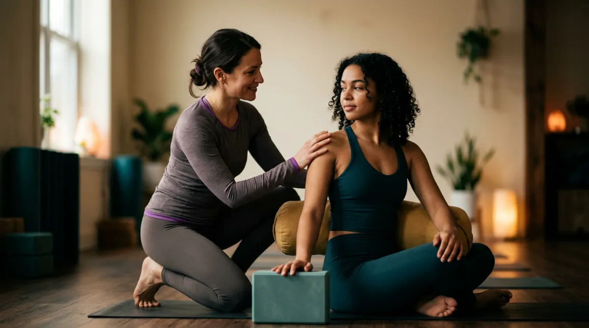 A woman yoga teacher working one-on-one with props, thoughtful observation and individualized instruction