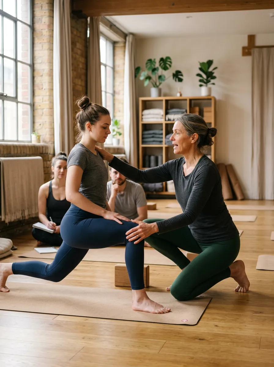 Yoga teacher working closely with a trainee during an indoor teacher-training session in natural light