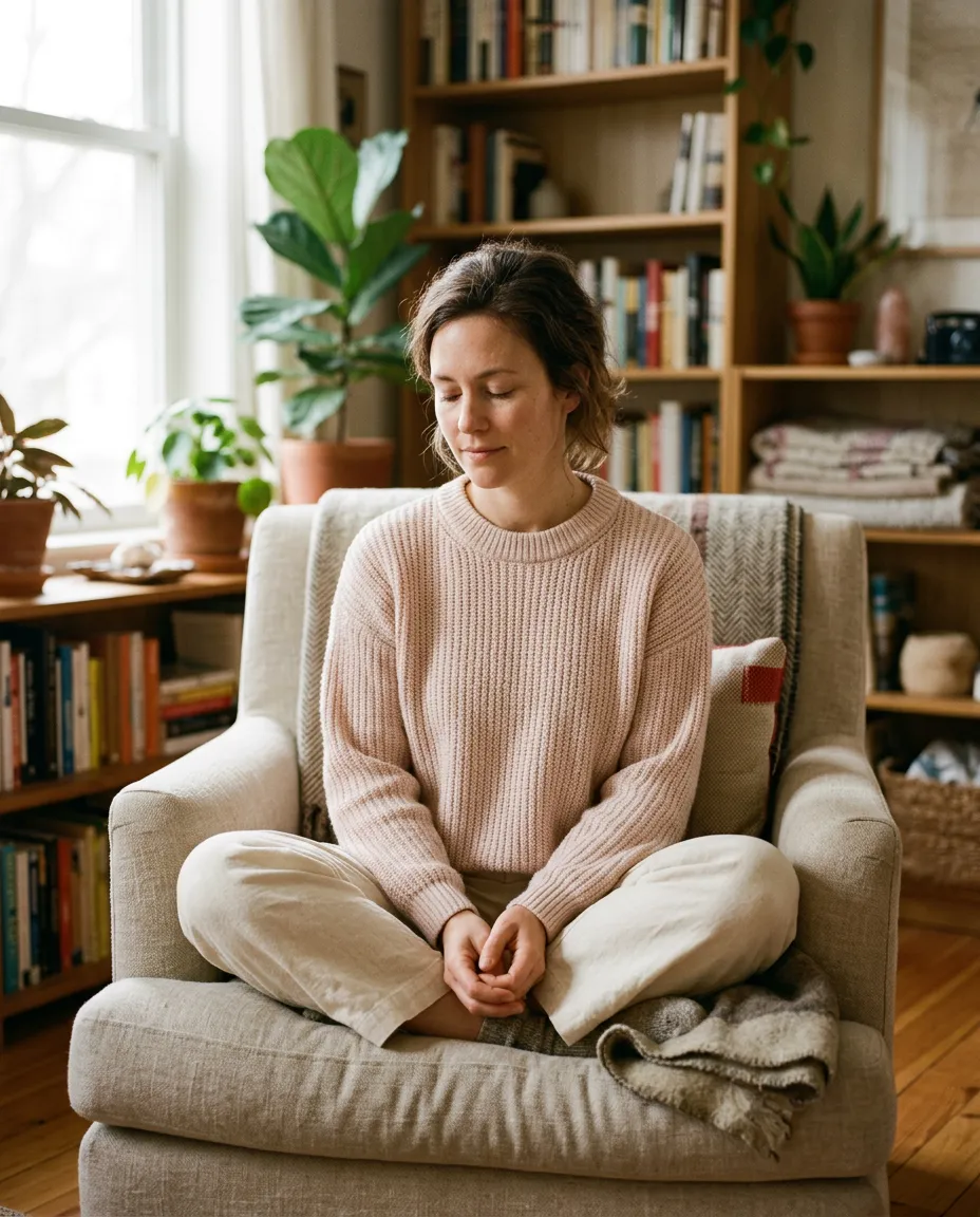 Woman peaceful and comfortable occupying her own space in natural soft daylight