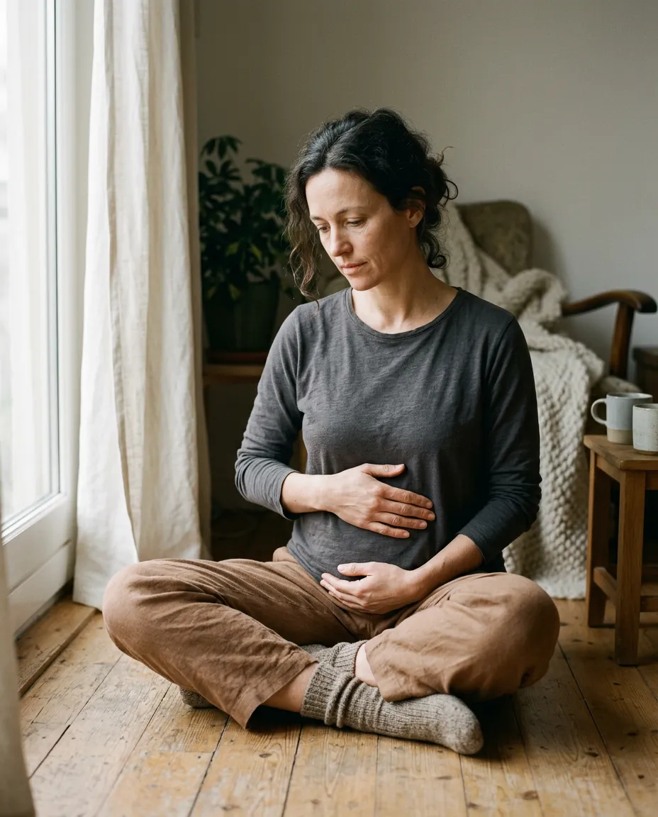 Woman in a quiet moment reconnecting with her body