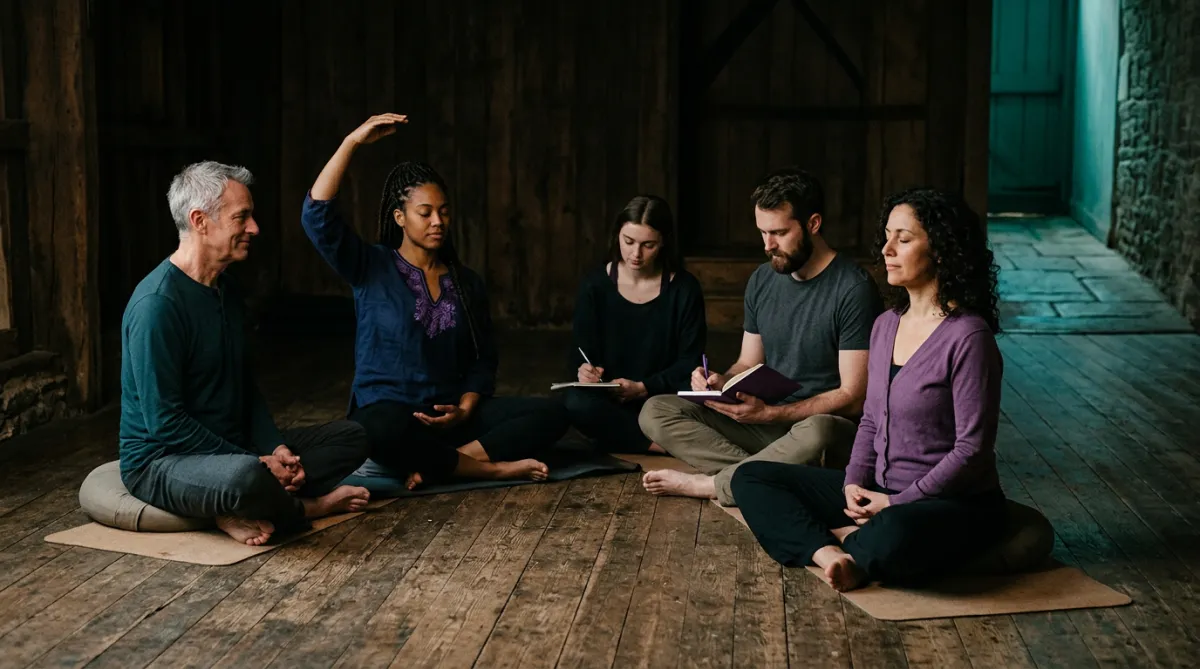 Intimate small group engaged in an embodied reflective workshop moment with movement and meditation