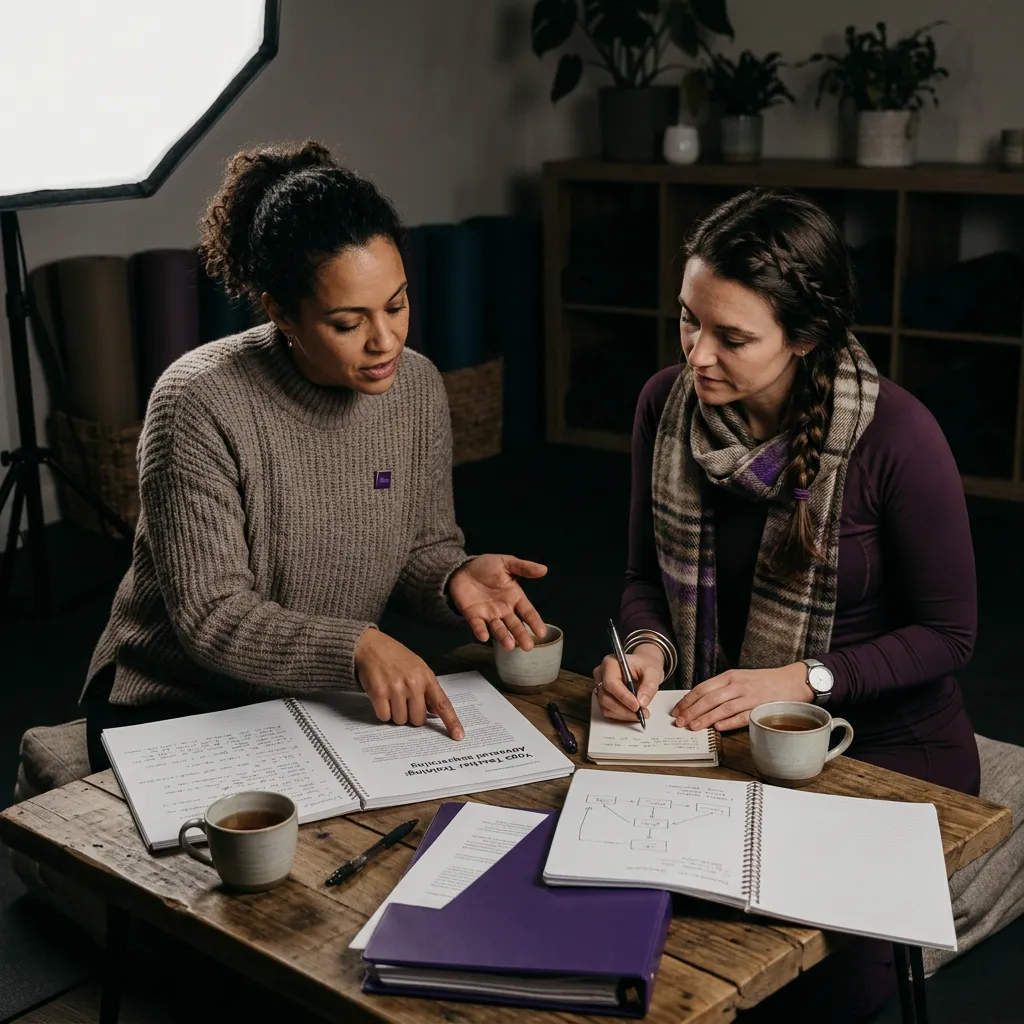 Woman mentor and yoga teacher in a one-on-one professional mentorship discussion reviewing curriculum