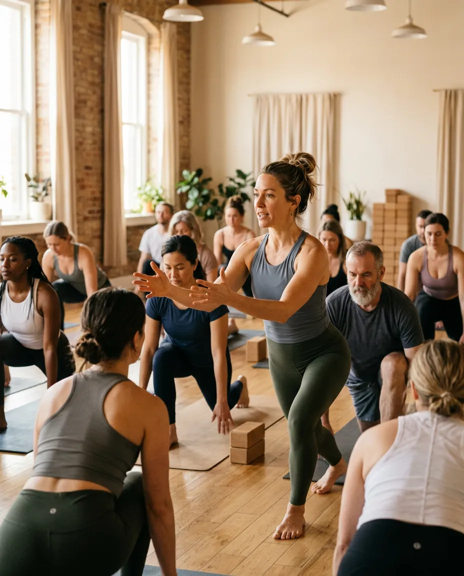 Lead female instructor actively guiding and cueing adult yoga students in an authentic studio practice setting