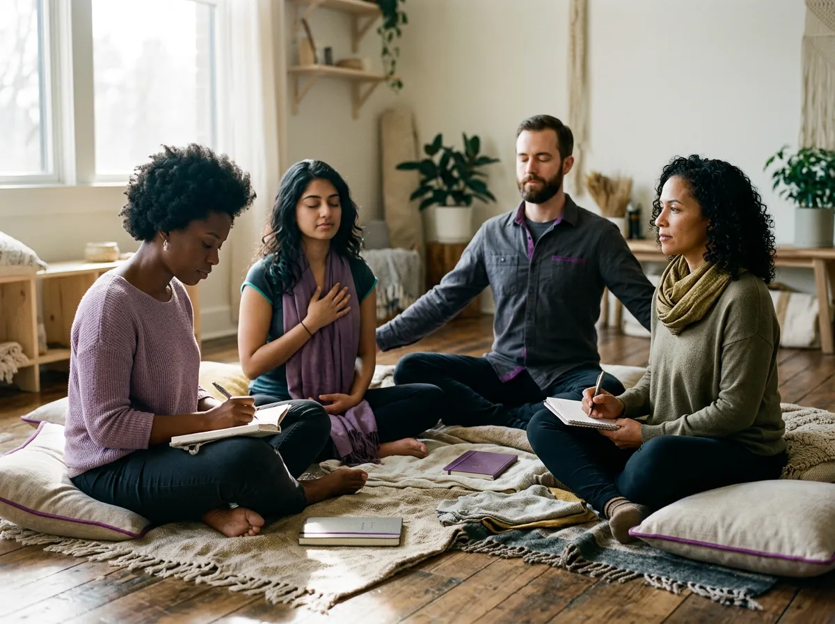 Intimate group gathered in an open sunlit studio engaged in reflective and embodied workshop contemplation