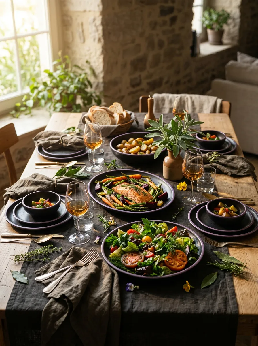Inviting dining table with a beautifully prepared colorful meal, fresh seasonal ingredients, natural linen, and warm sunlight