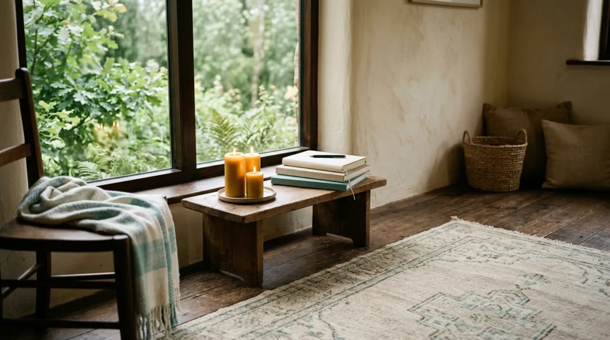 Serene retreat environment details with natural light, candles, and contemplative gathering space