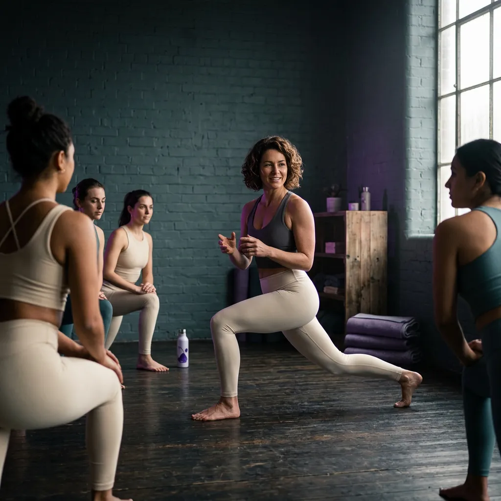 Teacher training instructor actively guiding real yoga students through practice in an authentic studio setting