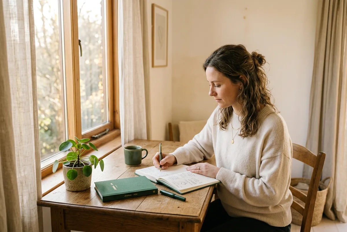 Woman journaling with intention in a sunlit natural workspace