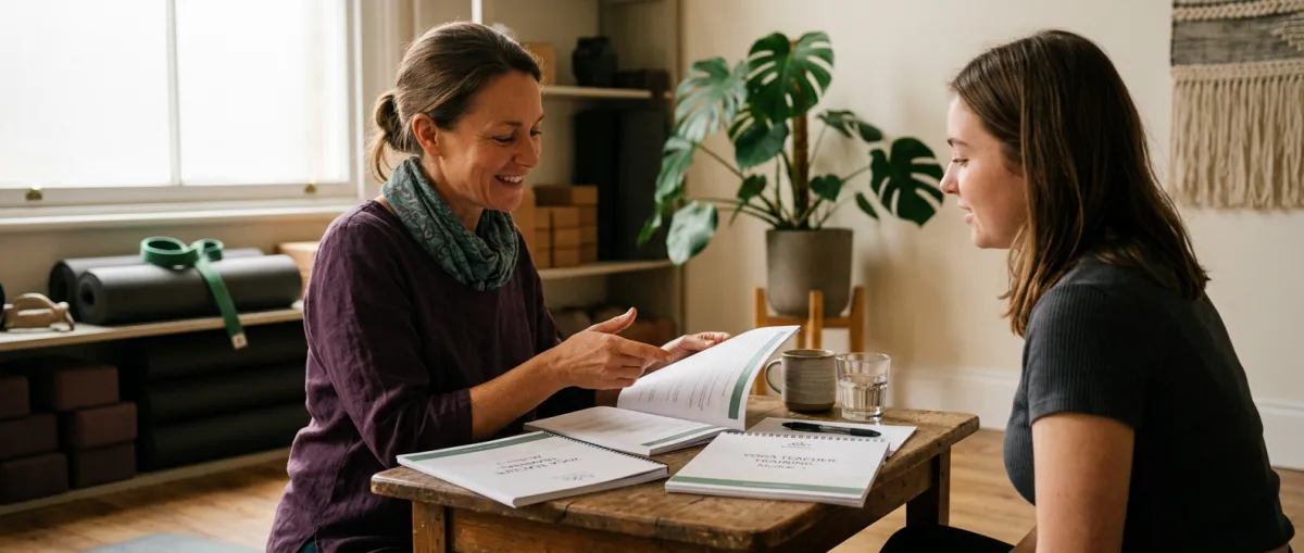 Woman yoga teacher in a teacher-training environment reviewing curriculum materials and mentoring student with authentic warm studio light