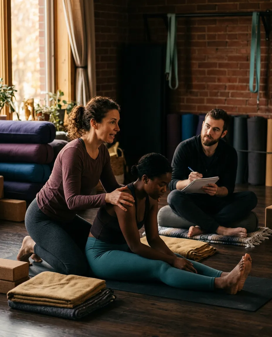 Woman yoga teacher training directly with student in an authentic in-person intensive workshop setting