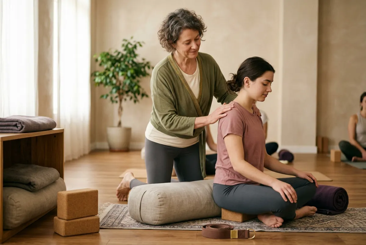 Woman yoga instructor setting up restorative props and bolsters for personalized student comfort
