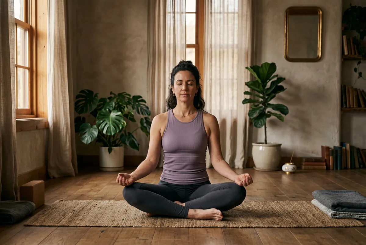 Woman practicing yoga independently in an authentic home studio setting