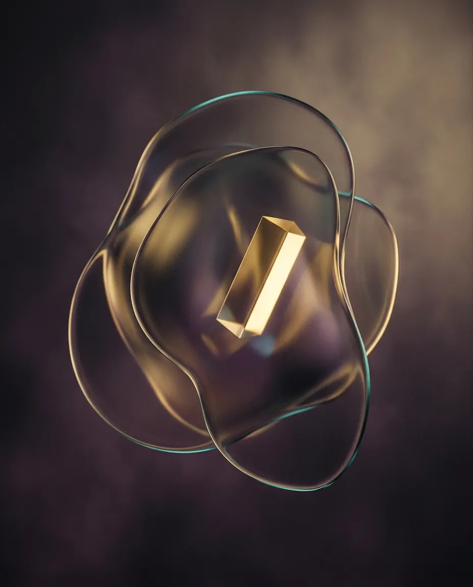 Minimalist abstract golden light prism and fluid sculpture on warm ivory background representing self-discovery