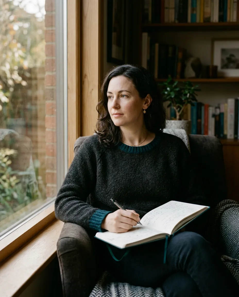 Photoreal thoughtful adult woman pausing during her day with a journal by a soft natural window
