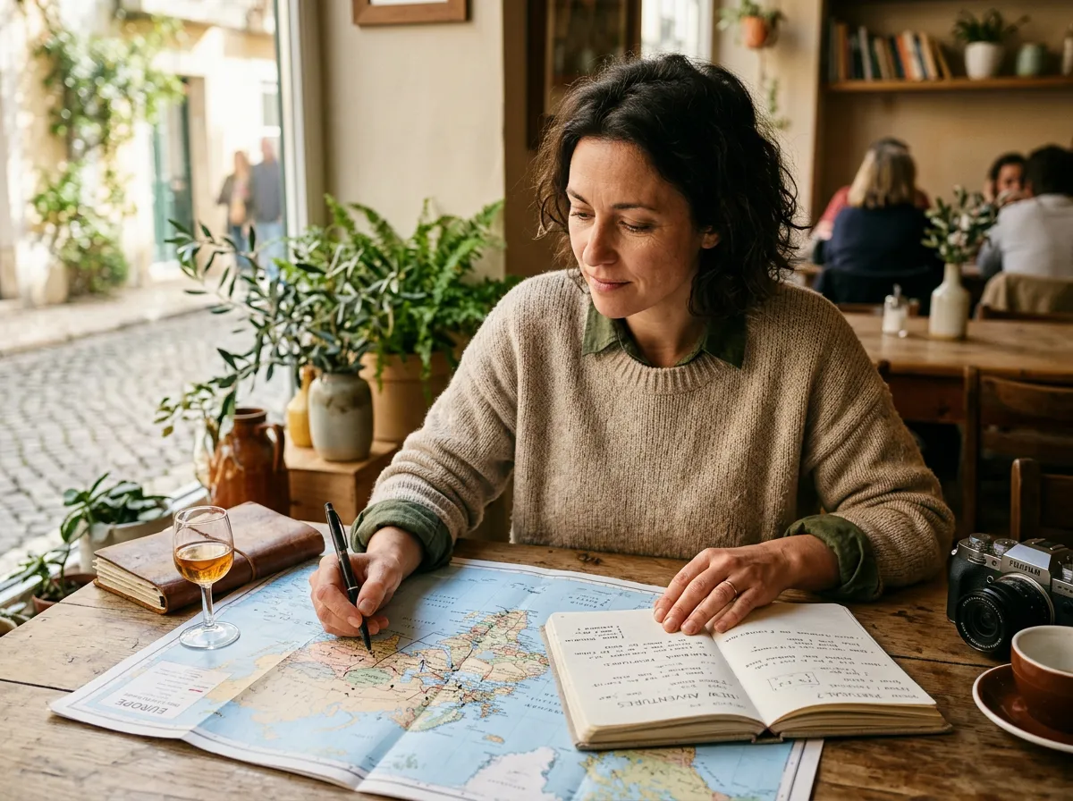 Real-looking adult woman thoughtfully planning a new chapter with notebook and travel plans in warm natural light (hopeful moment of possibility).
