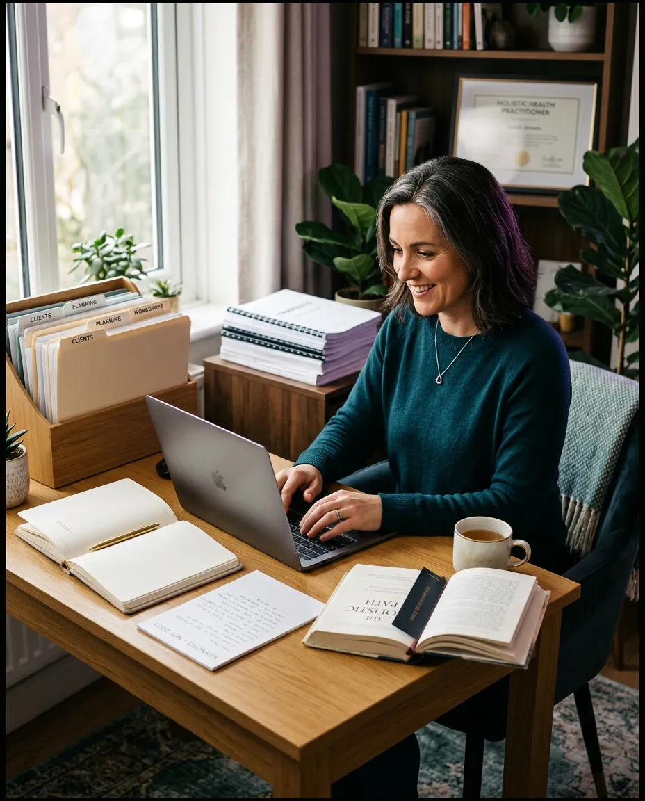 Confident holistic coach working in her warm, sunlit studio with professional client notes and books
