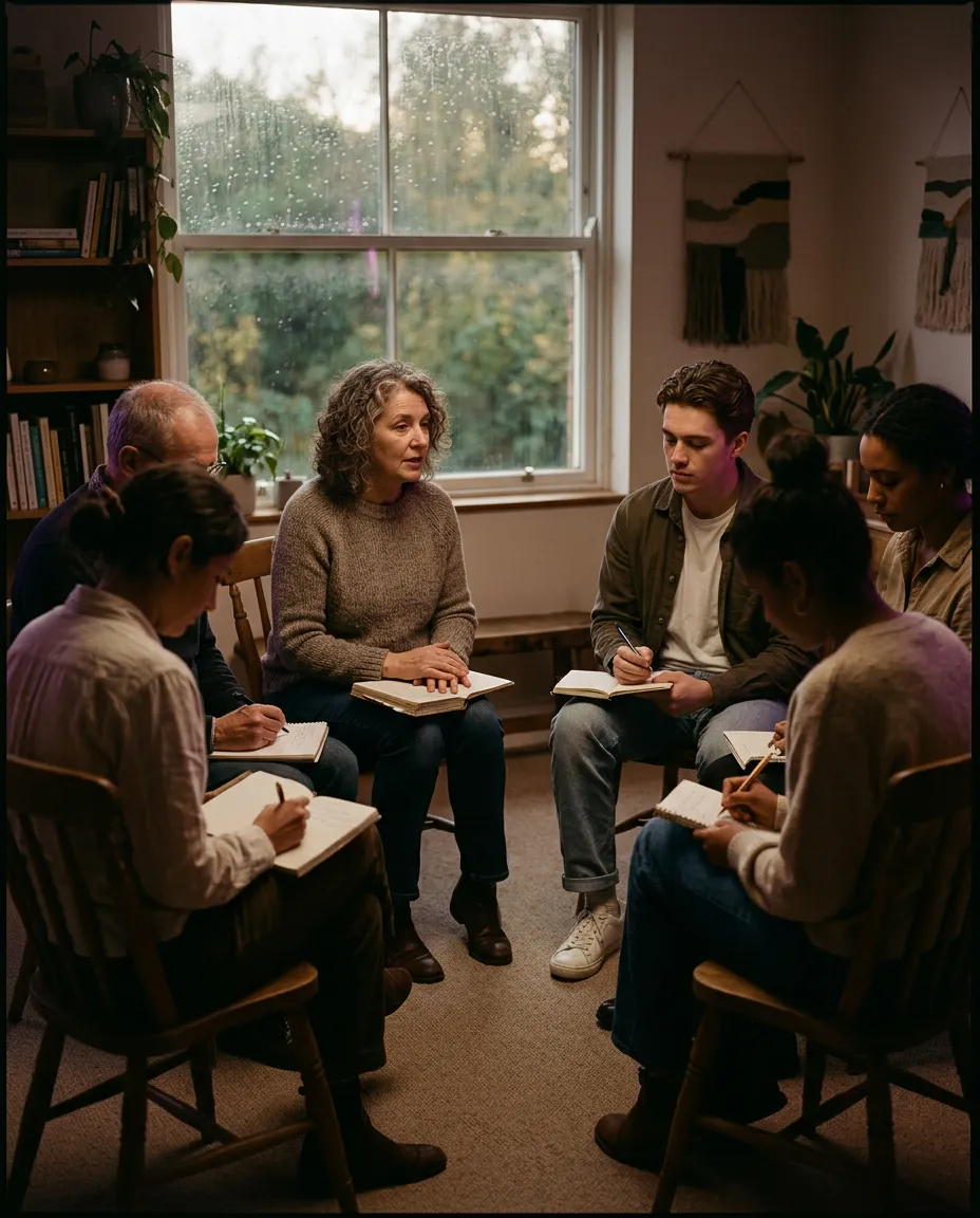 Contemplative workshop gathering with participants in thoughtful reflection and dialogue