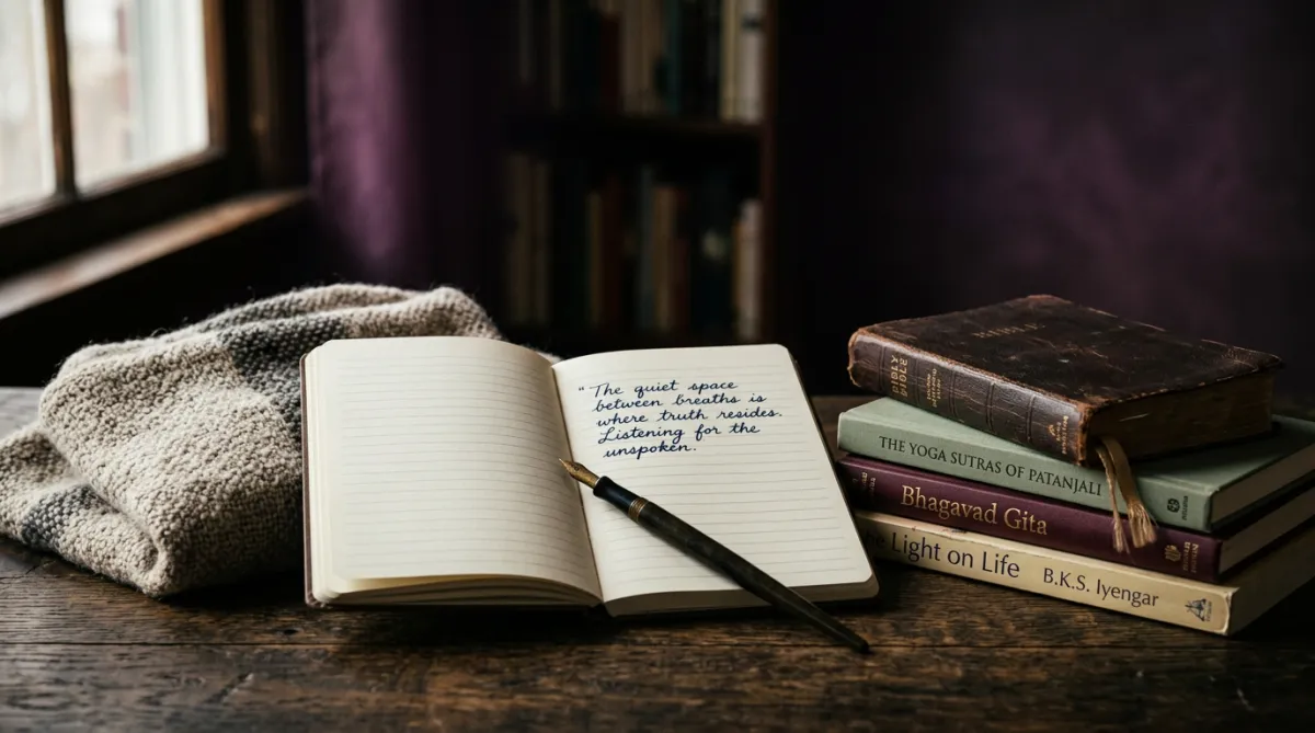 Intimate contemplative yoga study with sacred philosophy texts, open journal, and warm natural light