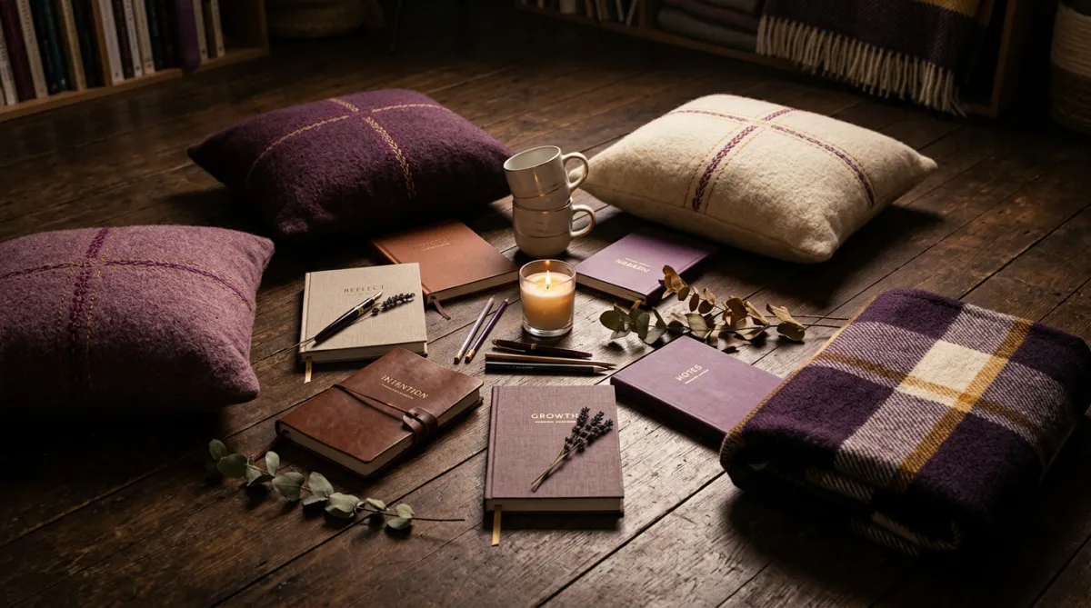 Warm studio setting with journals and cushions arranged in a circle for focused workshop