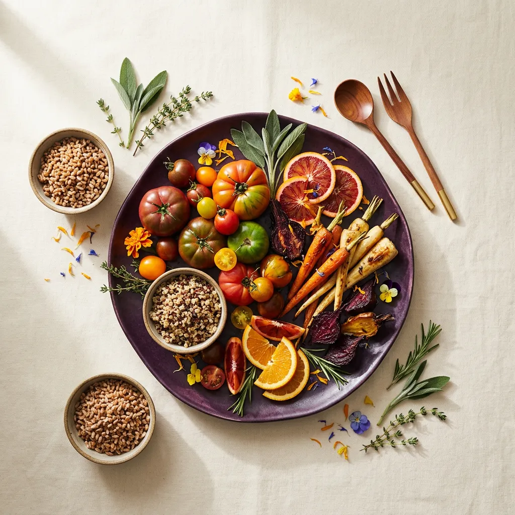 Overhead editorial food photography featuring fresh colorful seasonal produce, vibrant herbs, and natural wholesome ingredients