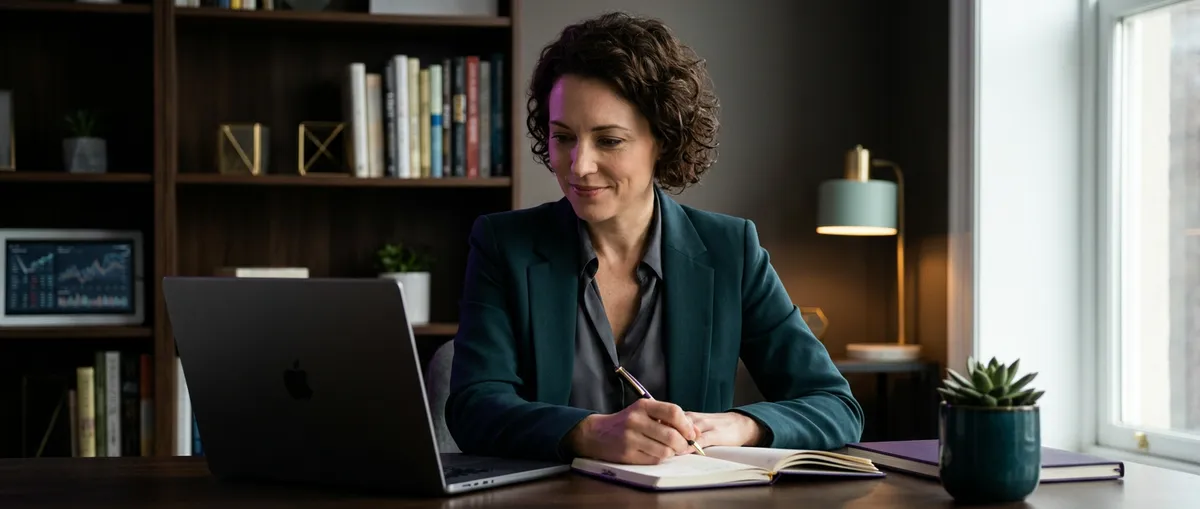 Adult woman making a thoughtful professional investment in her future in a warm, sophisticated home-office workspace