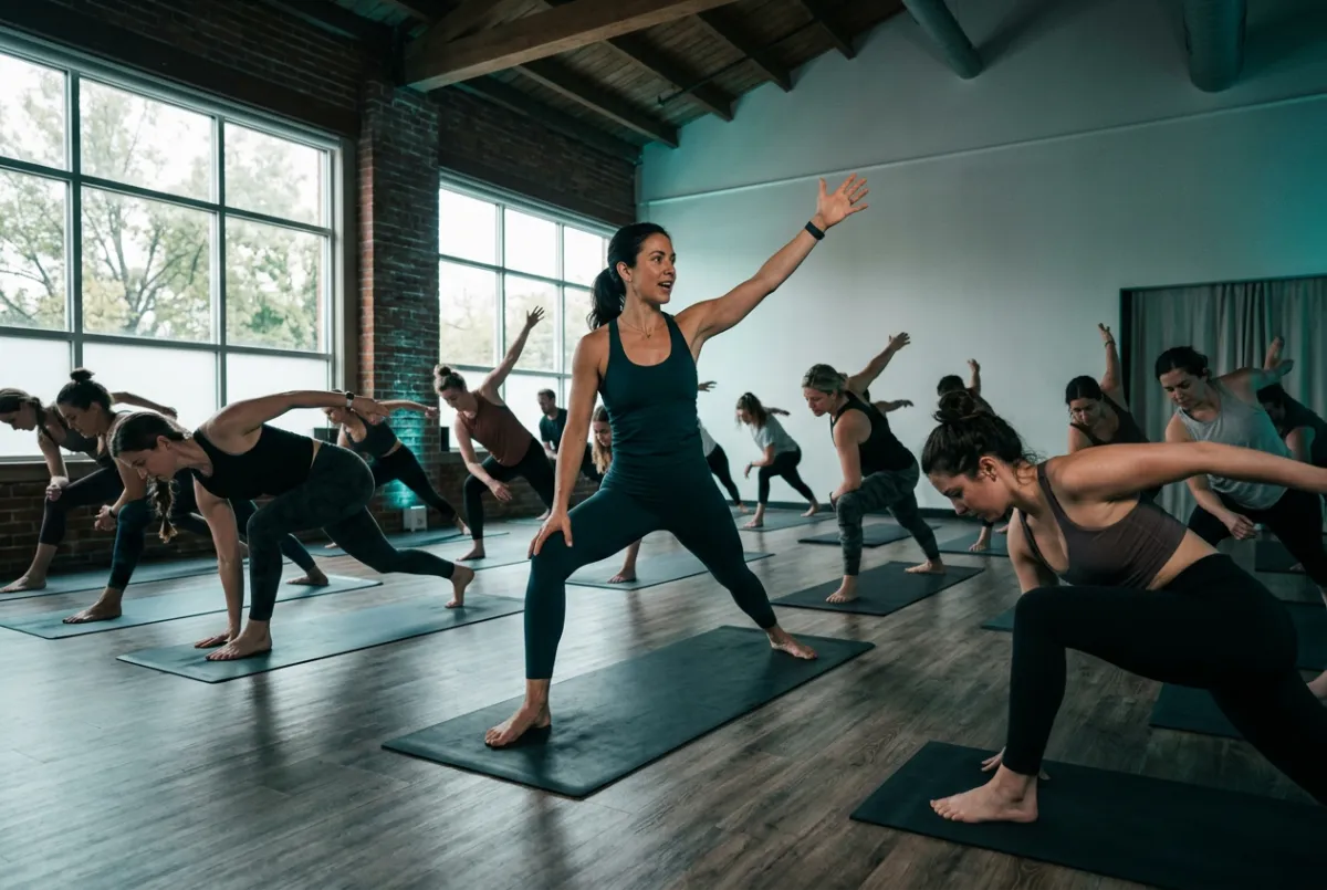 Woman actively teaching a dynamic vinyasa flow class with students transitioning through breath and movement
