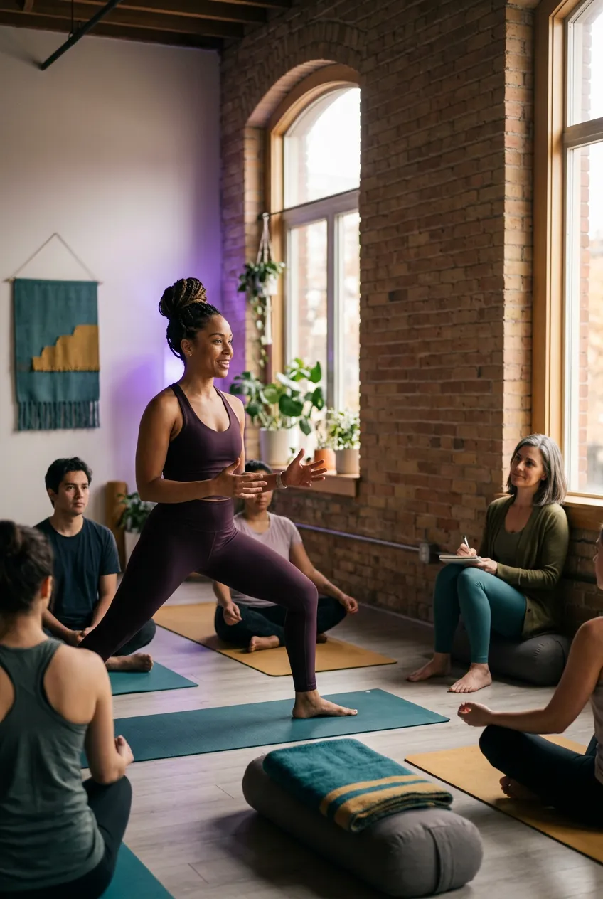 Woman actively learning to teach yoga while an experienced female mentor teacher observes supportively in a calm studio