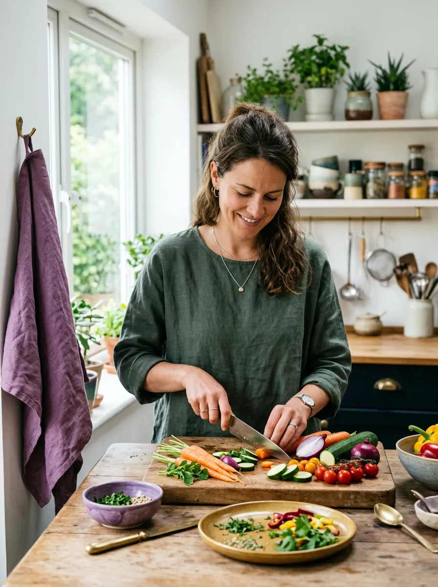 Woman mindfully preparing a fresh, colorful seasonal meal in a naturally lit wellness kitchen