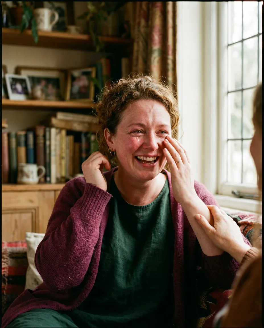 Editorial photo of an adult woman in a genuine moment of emotional expression and freedom, in warm natural light.