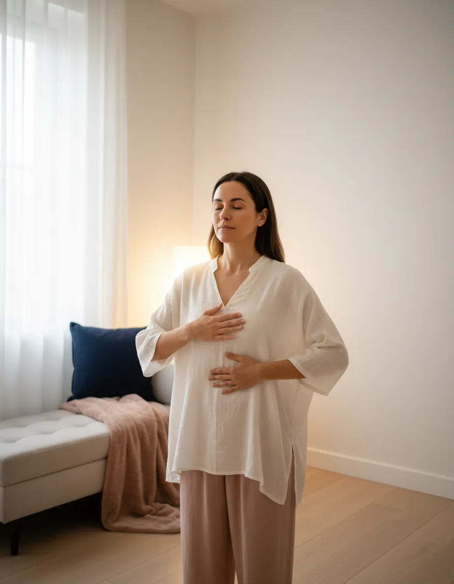 Woman practicing somatic breathing