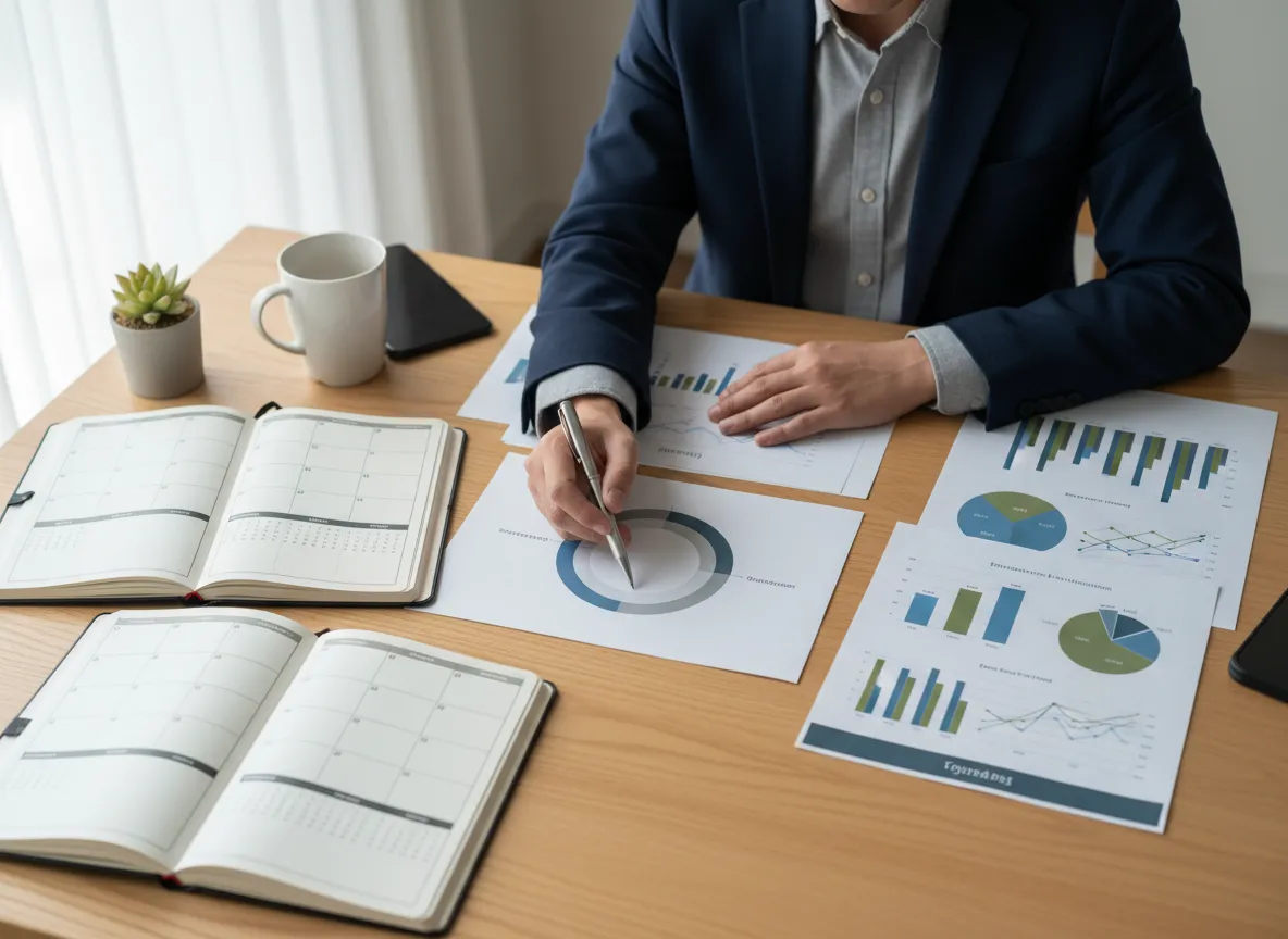 Professional reviewing business plans and diagrams laid out on a table
