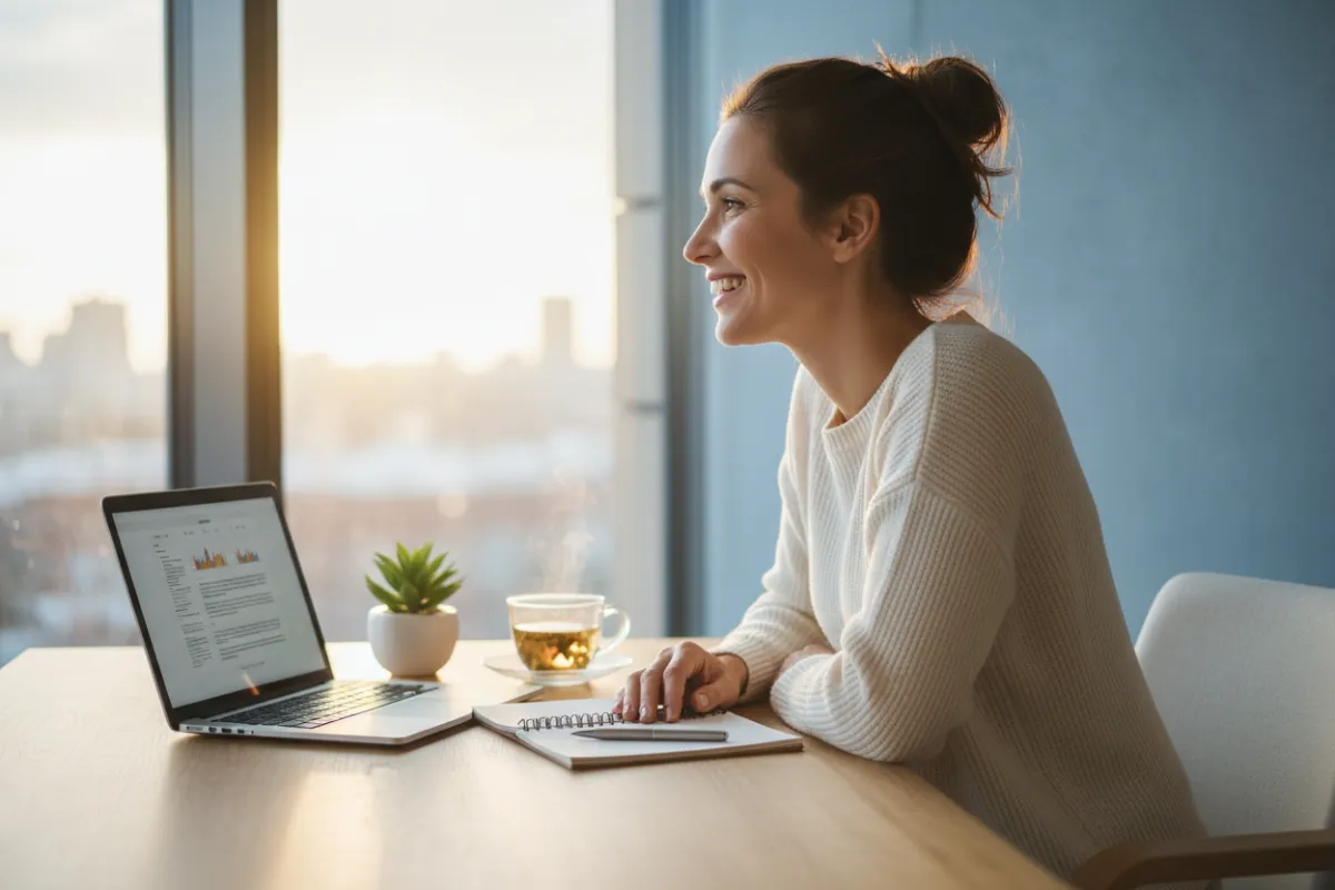 A smiling woman in her 30s, sitting at a desk with a laptop and a notepad, looking out a window with morning light streaming in. The workspace is tidy, with a small plant and a cup of tea, evoking optimism, readiness, and a sense of new beginnings.