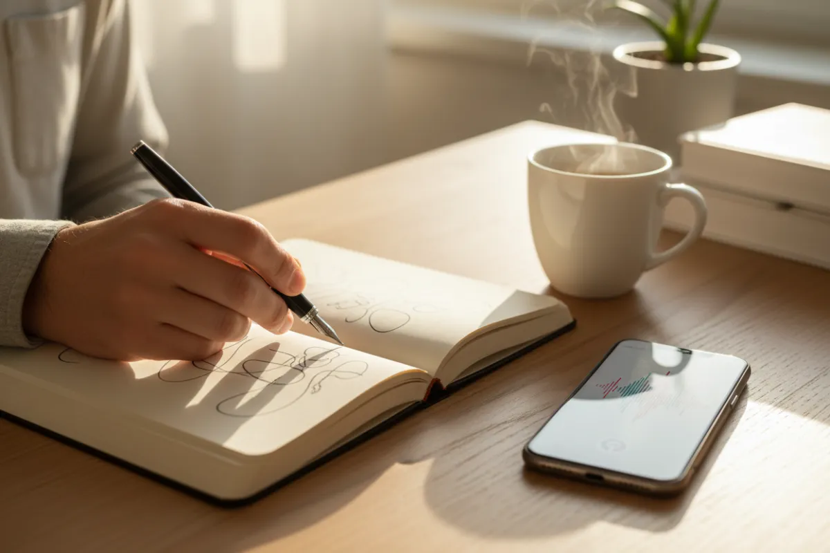 A close-up of a hand writing in a journal on a wooden table, with a steaming mug and a smartphone displaying a podcast app nearby. The scene is softly lit by morning sunlight, evoking a sense of calm focus and intentionality. The setting is cozy, modern, and uncluttered.
