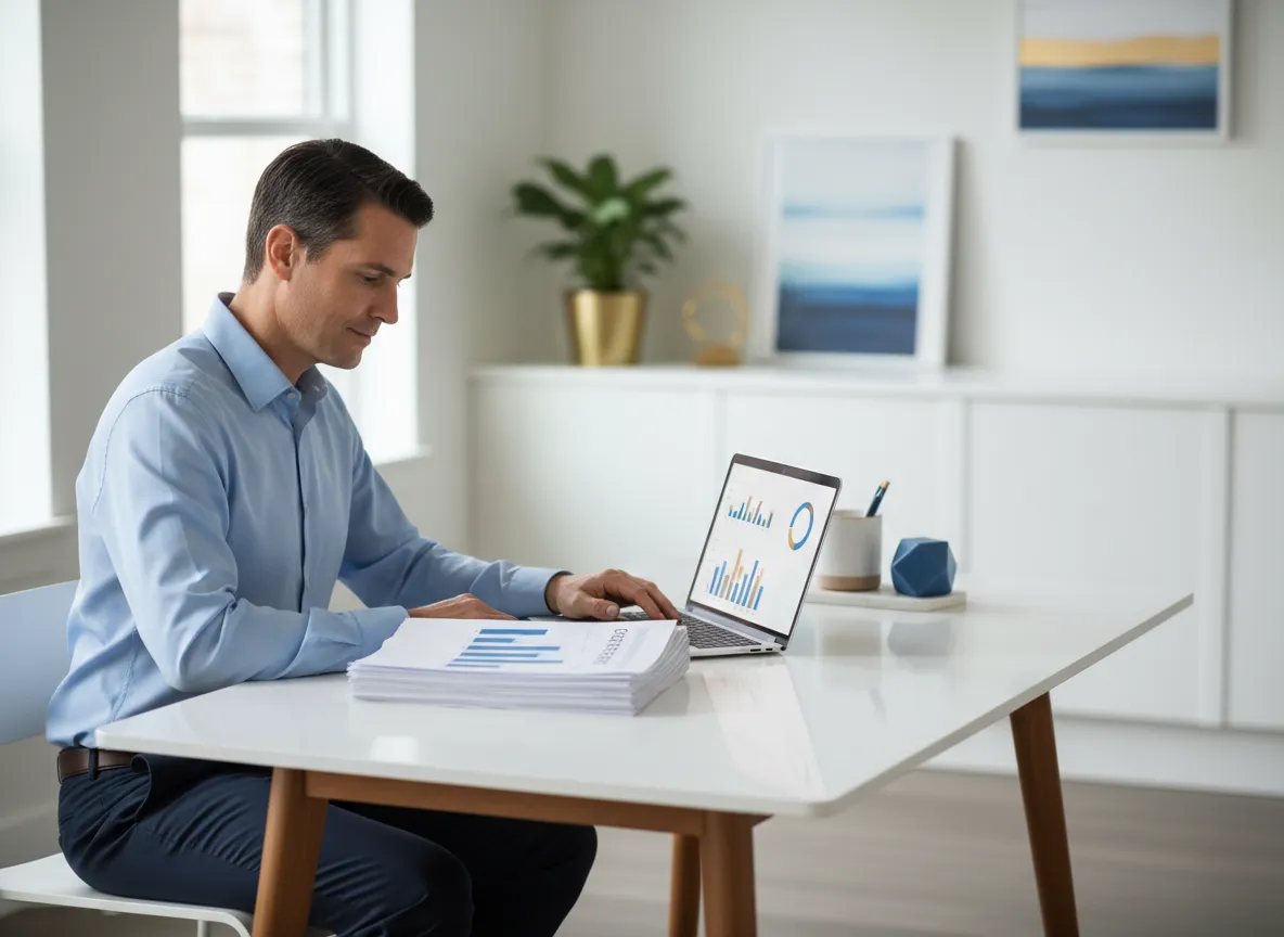 Confident consumer reviewing credit report on laptop