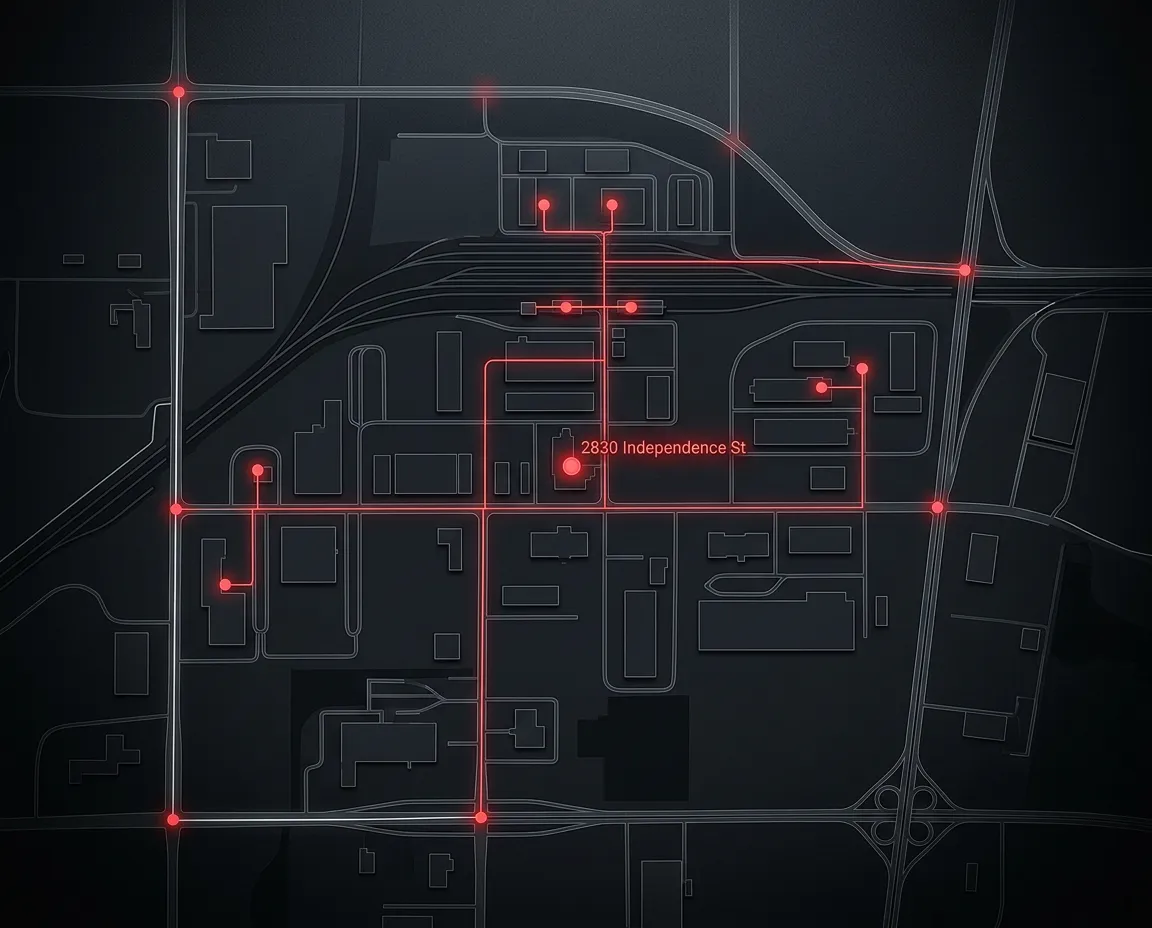 Stylized high-contrast dark-mode industrial yard blueprint map for Cape Girardeau hub at 2830 Independence St