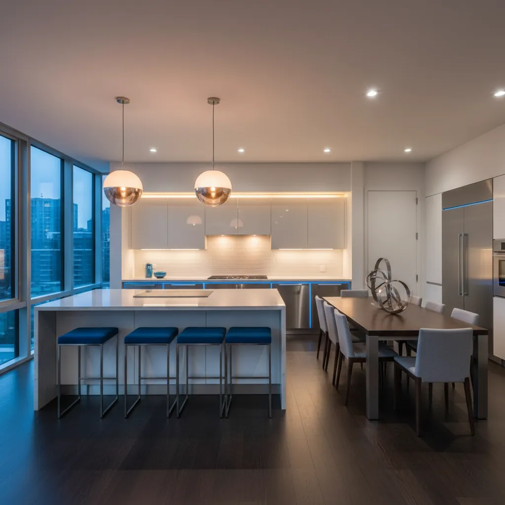 Residential lighting installation showing an illuminated modern living space