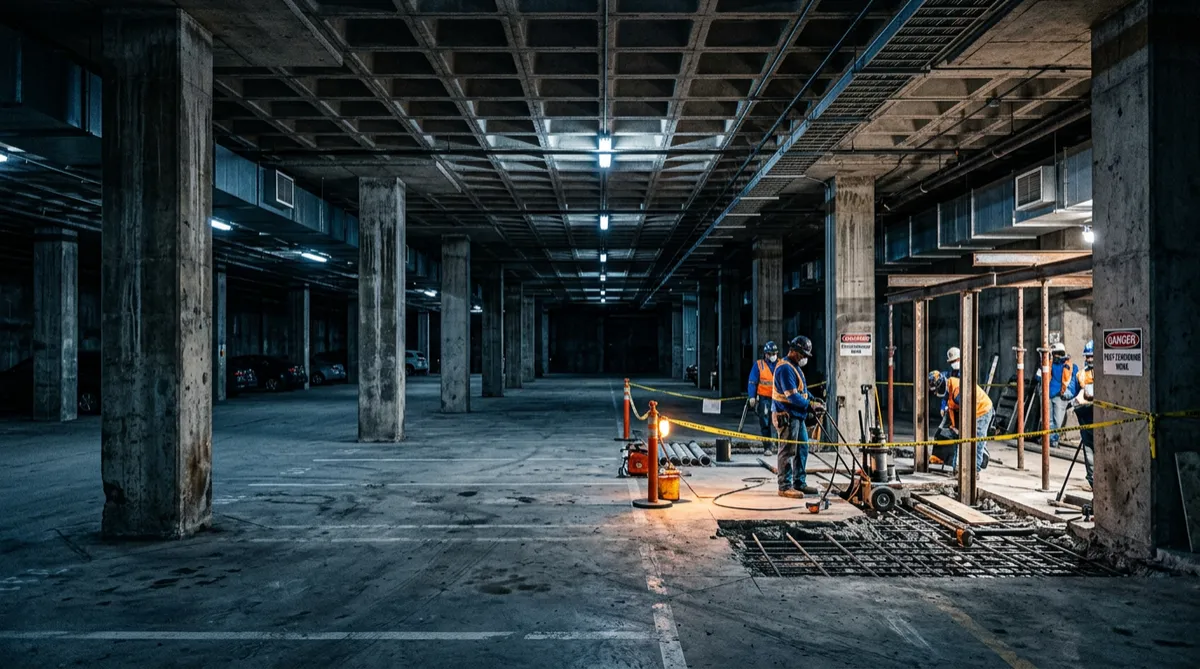 Parking garage post-tensioned slab and deck rehabilitation