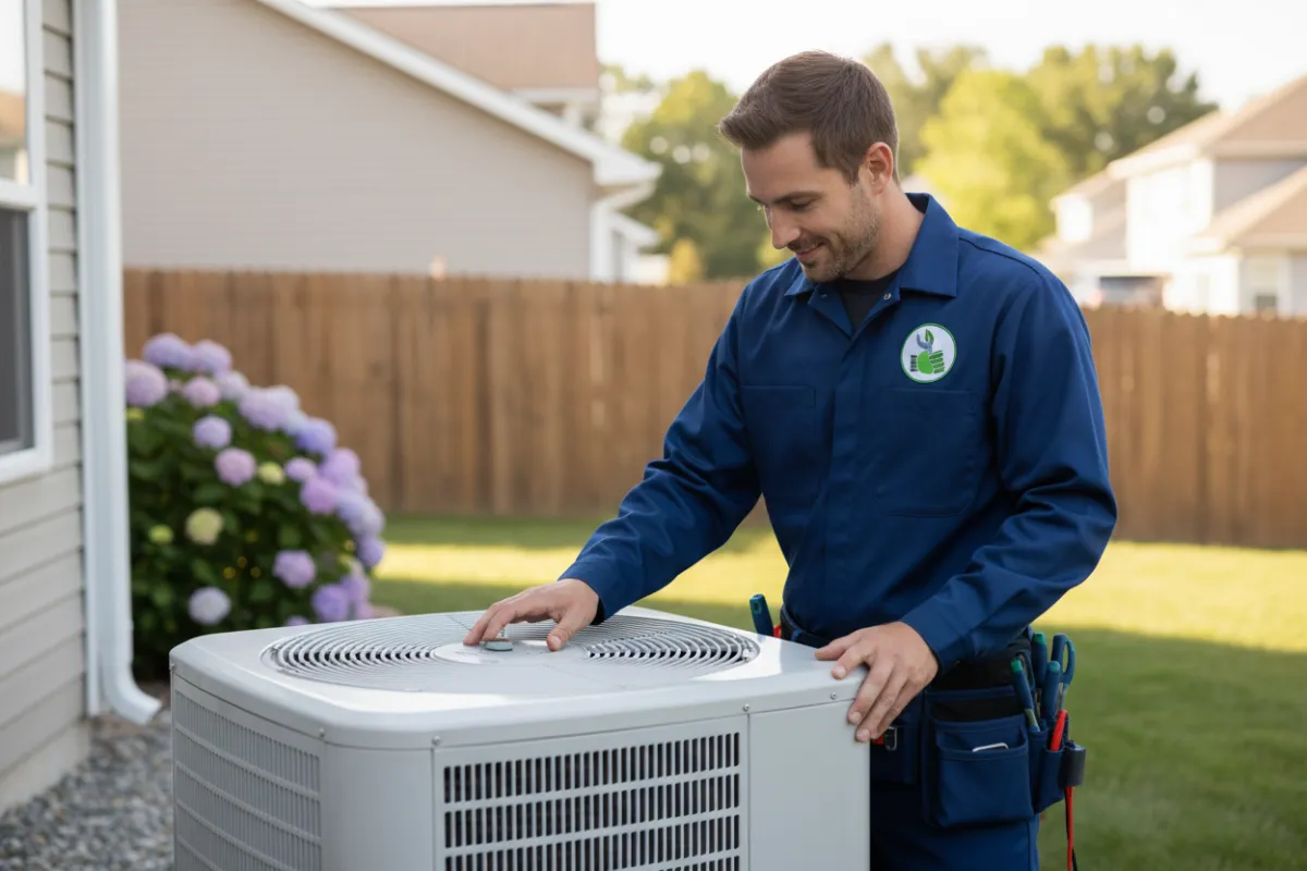 Professional HVAC technician servicing a residential cooling system