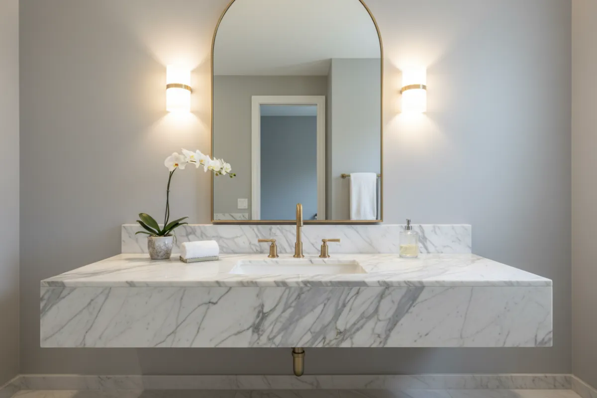 A luxurious bathroom vanity with a veined marble countertop, brass fixtures, and a large arched mirror. The setting is tranquil, with soft lighting and spa-like details, emphasizing the marble’s natural beauty.