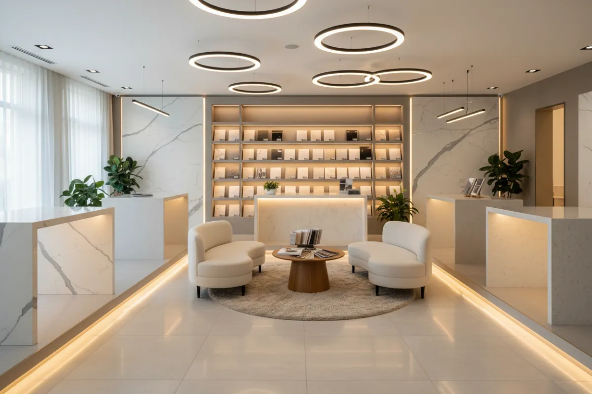 Elegant showroom interior with marble and quartz countertop displays, soft lighting, and a welcoming seating area.