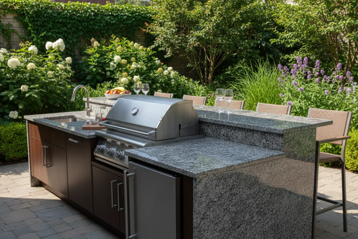 An outdoor kitchen setup with a polished granite countertop, built-in grill, and a lush green garden in the background. The scene is vibrant, designed for entertaining, and highlights the durability and elegance of the stone.