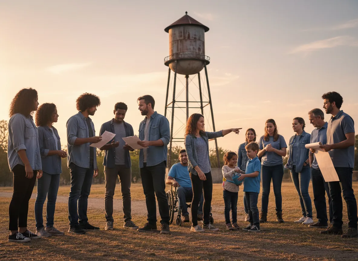 Neighbors gathered near a water tower at sunset, symbolizing community action around water access.