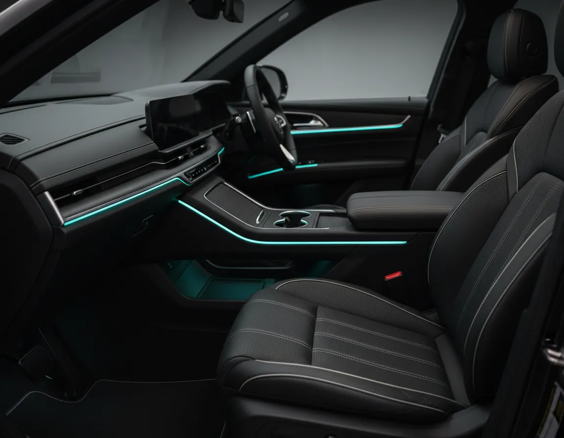 Interior detailing with leather seats and ambient lighting