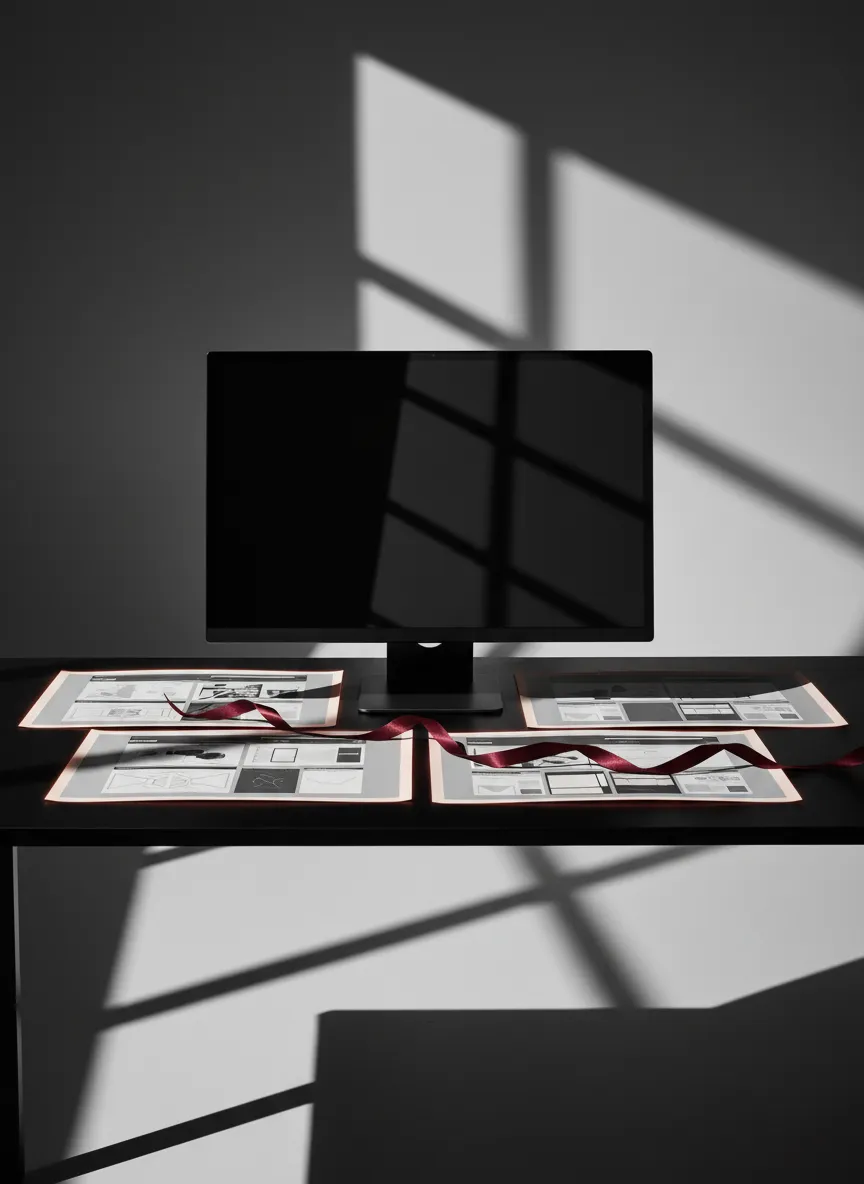 Monochrome editorial collage of website layouts in motion